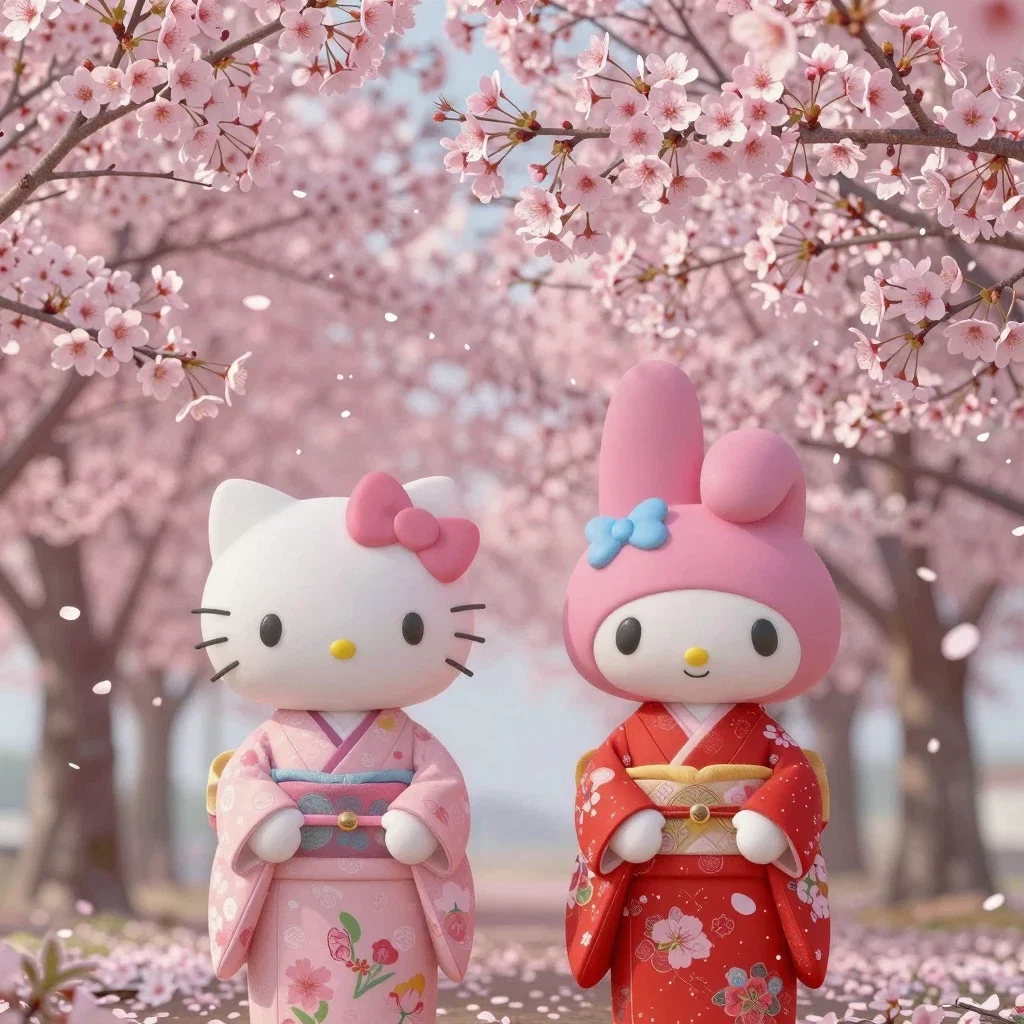 hello kitty my melody in kimonos amid cherry blossoms