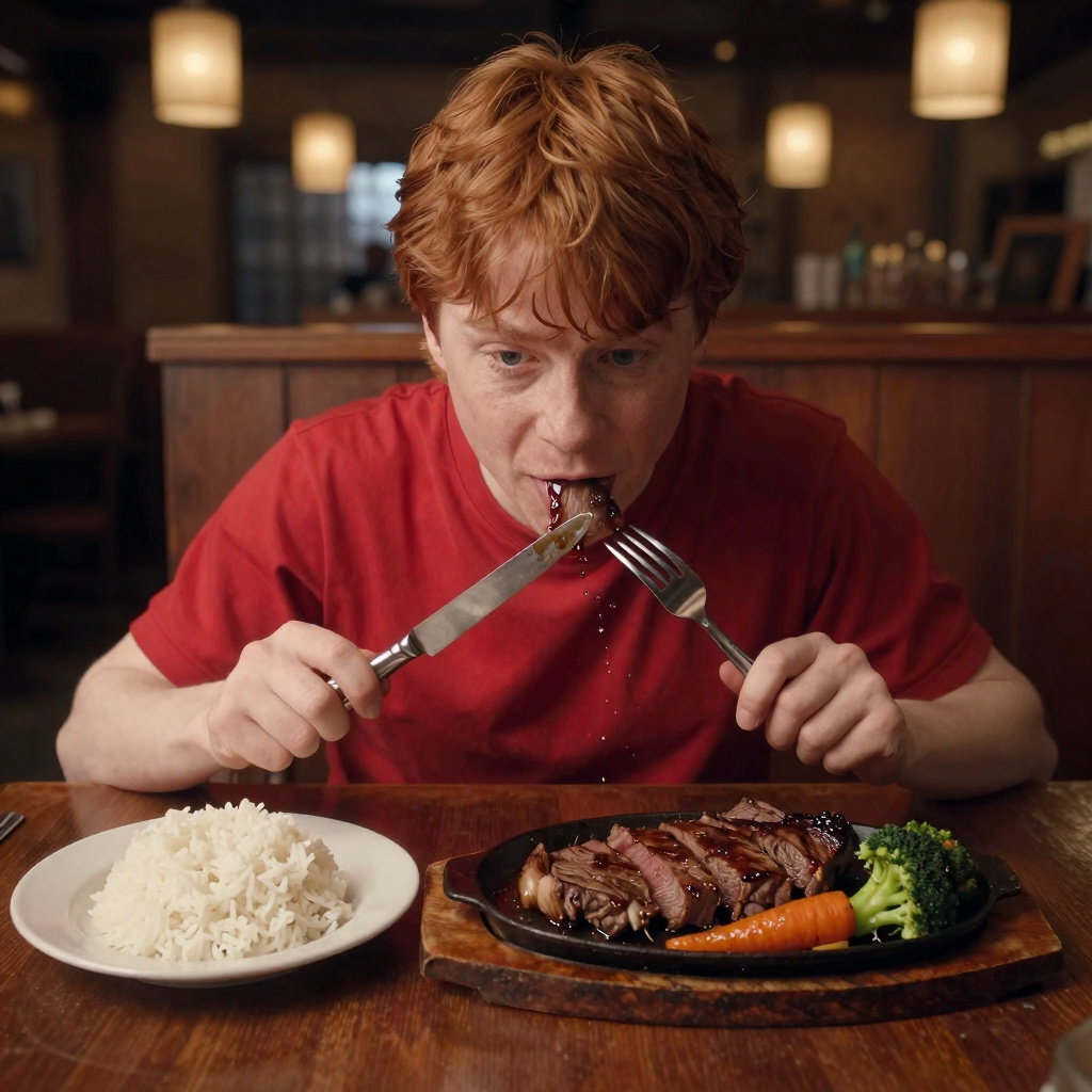 ron weasley eating steak in restaurant