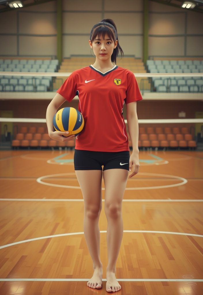 japanese female volleyball player high ponytail red jersey black shorts bare feet