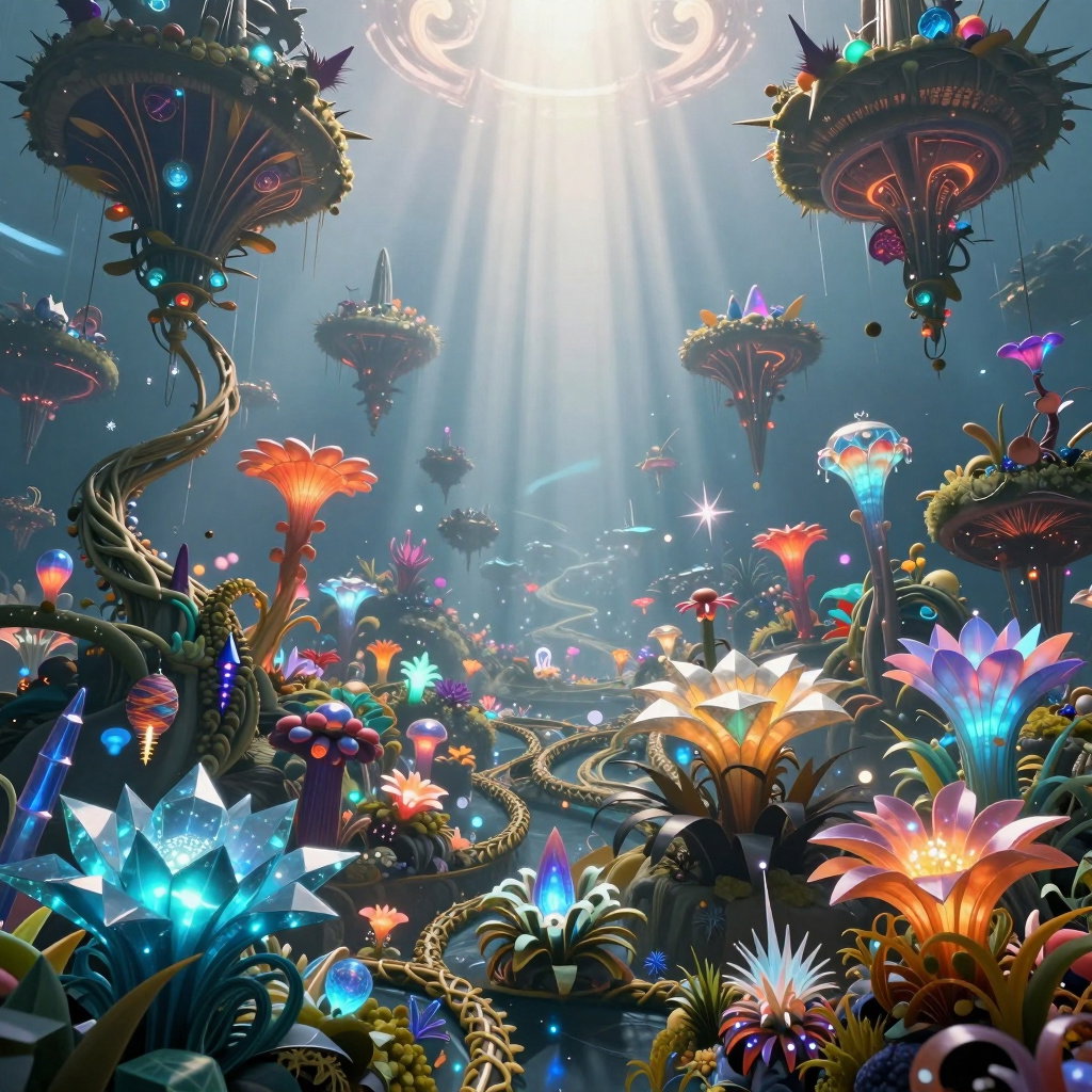 bioluminescent flora crystalline vines floating landmasses