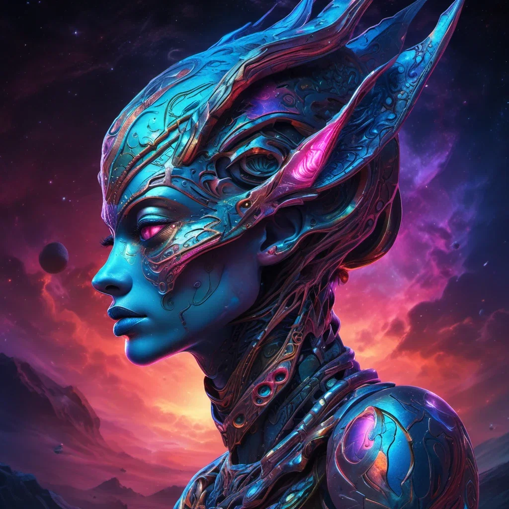 fantasy art iridescent female extraterrestrial nebula background