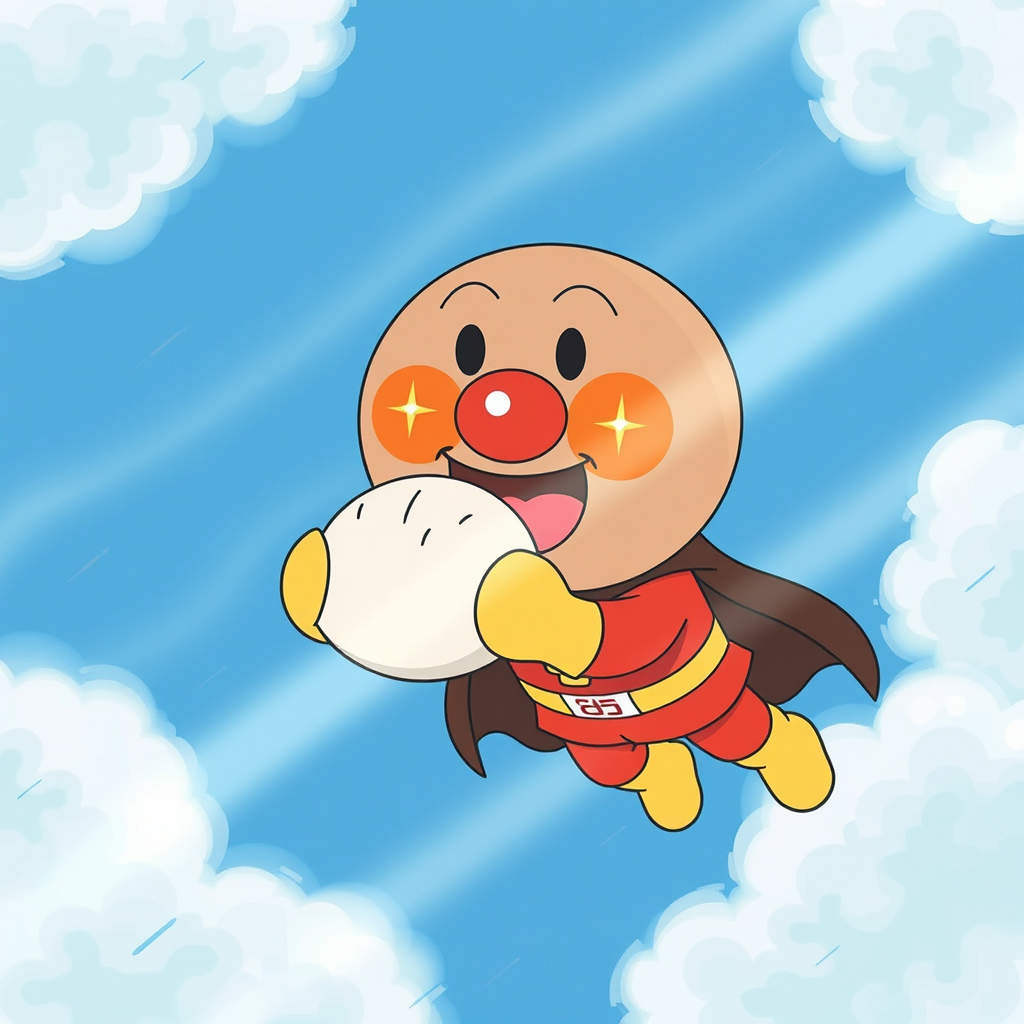 anpanman like hero flying biting chinese bun 1980s anime style