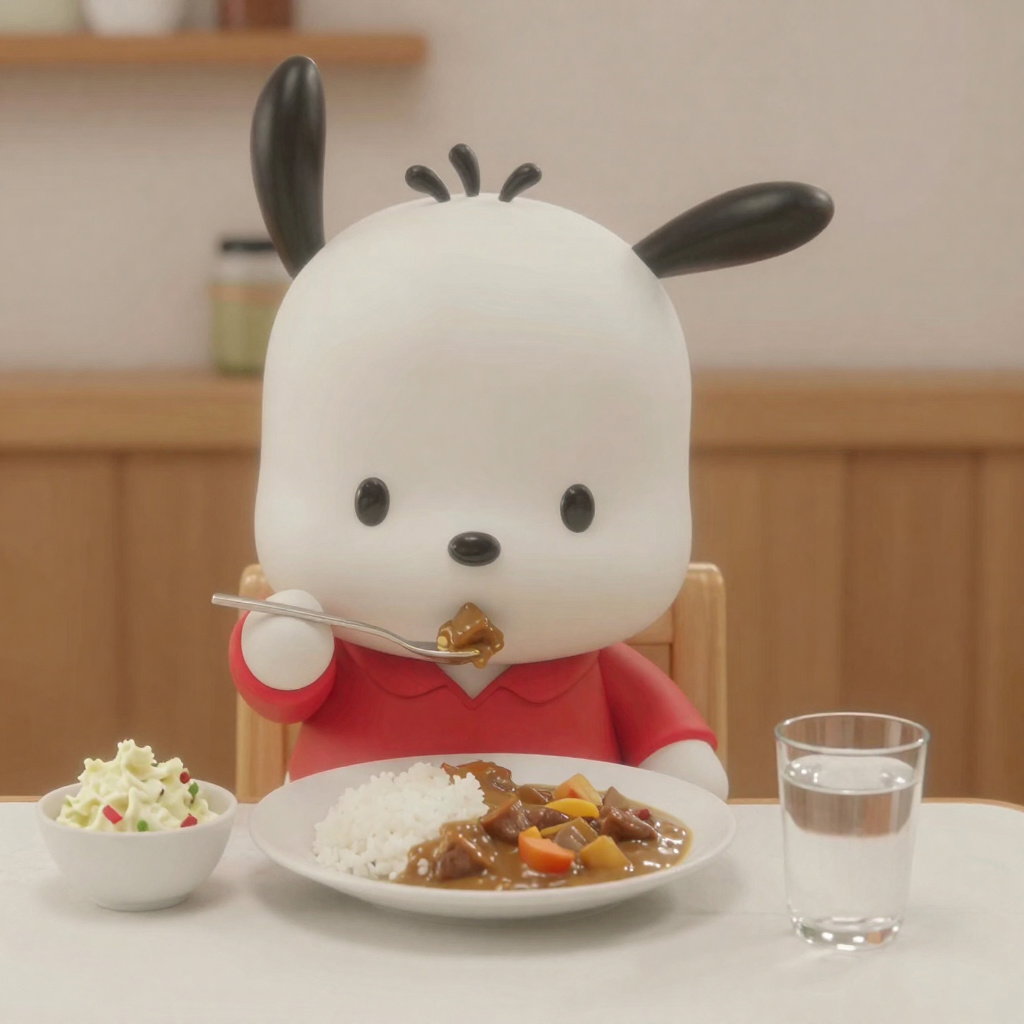 chubby pochacco eating japanese curry rice