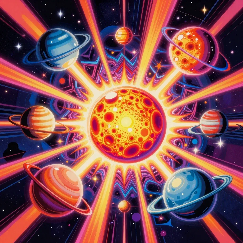 op art solar system planets colliding quantum wall