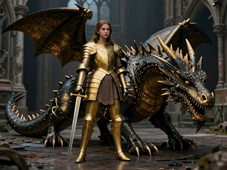 dark fantasy armored girl with dragon