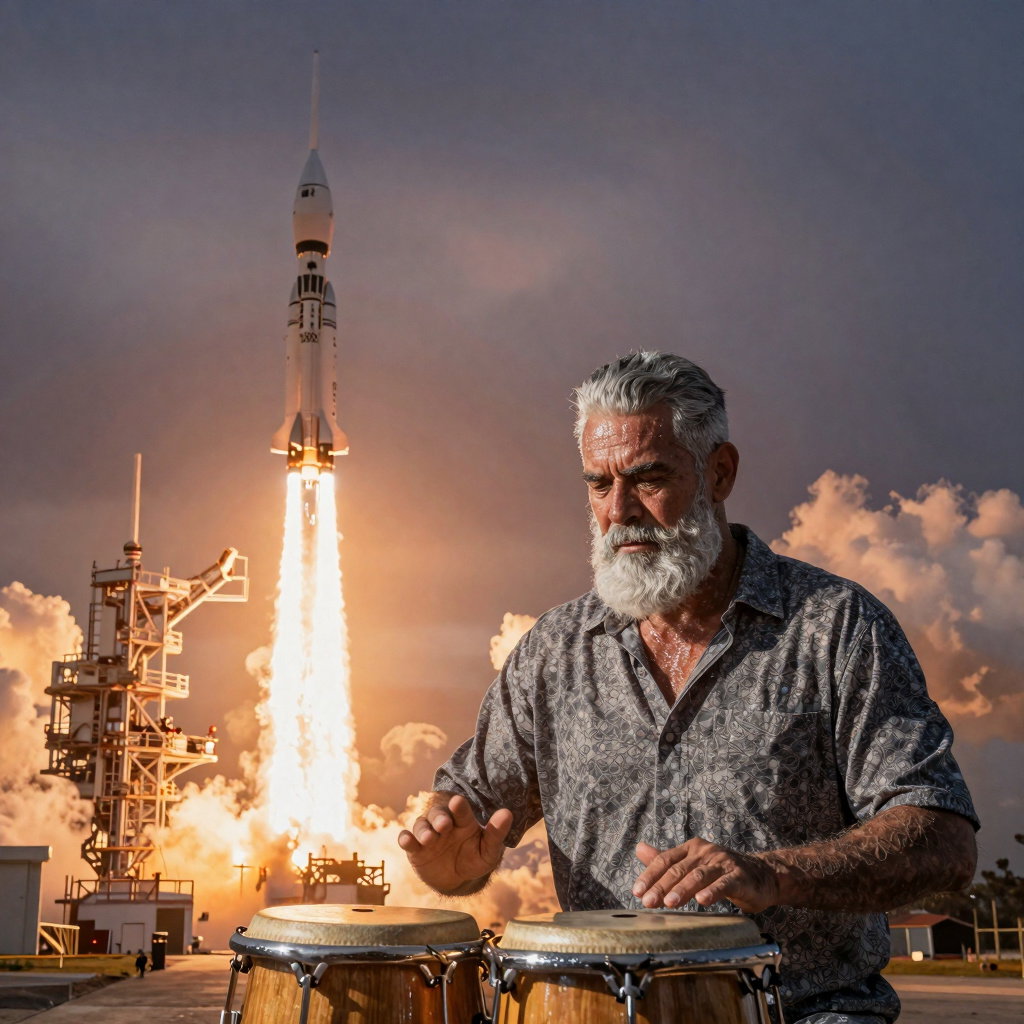 silver bearded man playing congas saturn v rocket launch