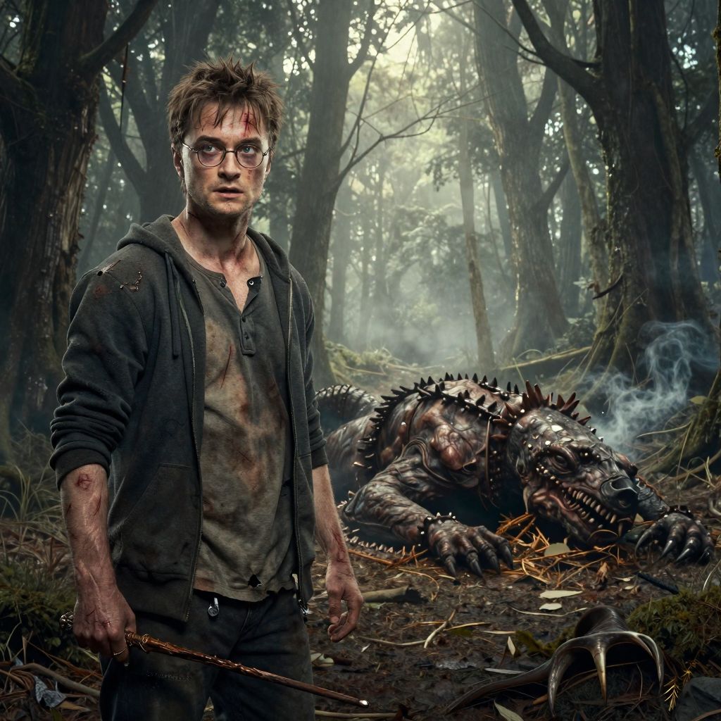 battle worn harry potter defiant wizardry fallen monster