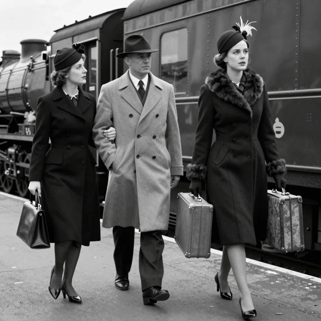 three people on train platform with steam train