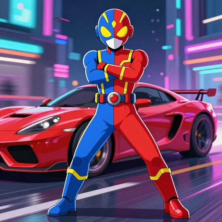 colorful divided costume dynamic pose futuristic superhero
