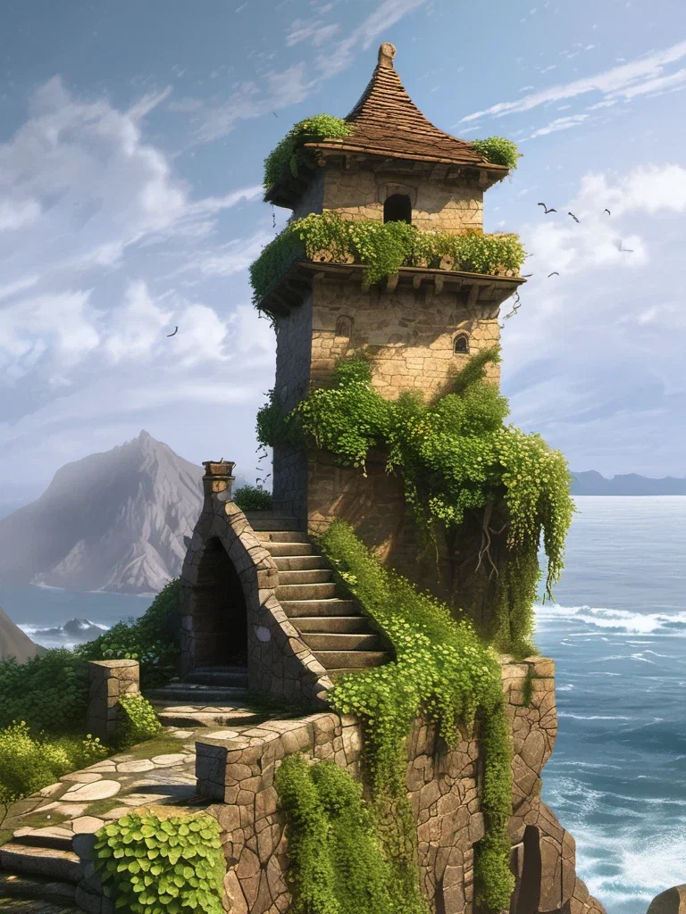 weathered stone tower ocean waves dramatic lighting