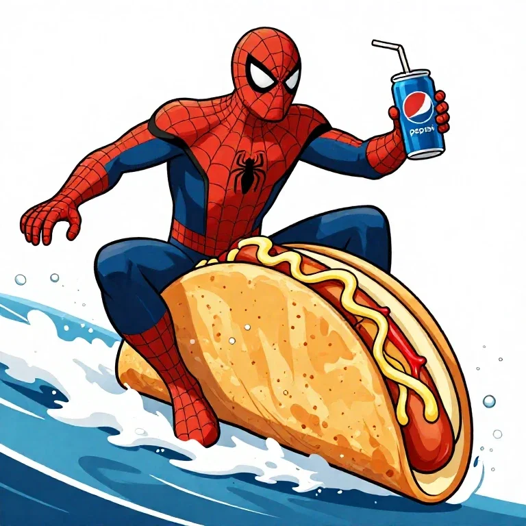 superhero surfing taco eating hotdog drinking pepsi
