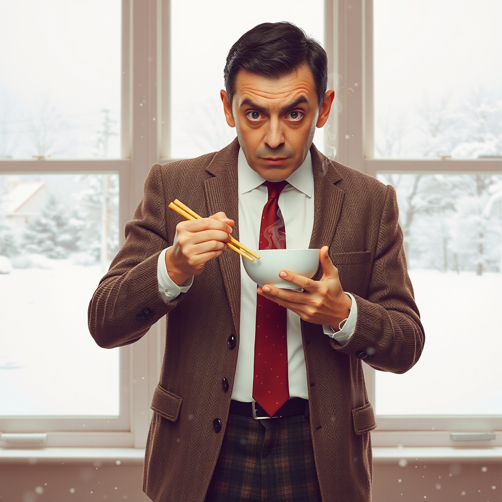 mr bean focused on chazuke with chopsticks