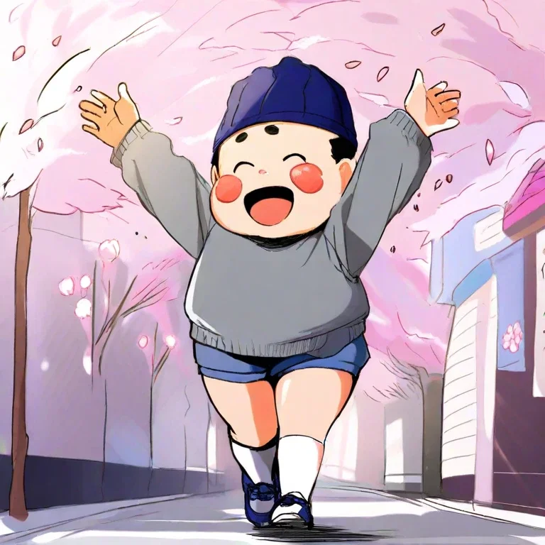 boy scatters petals on cherry blossom street