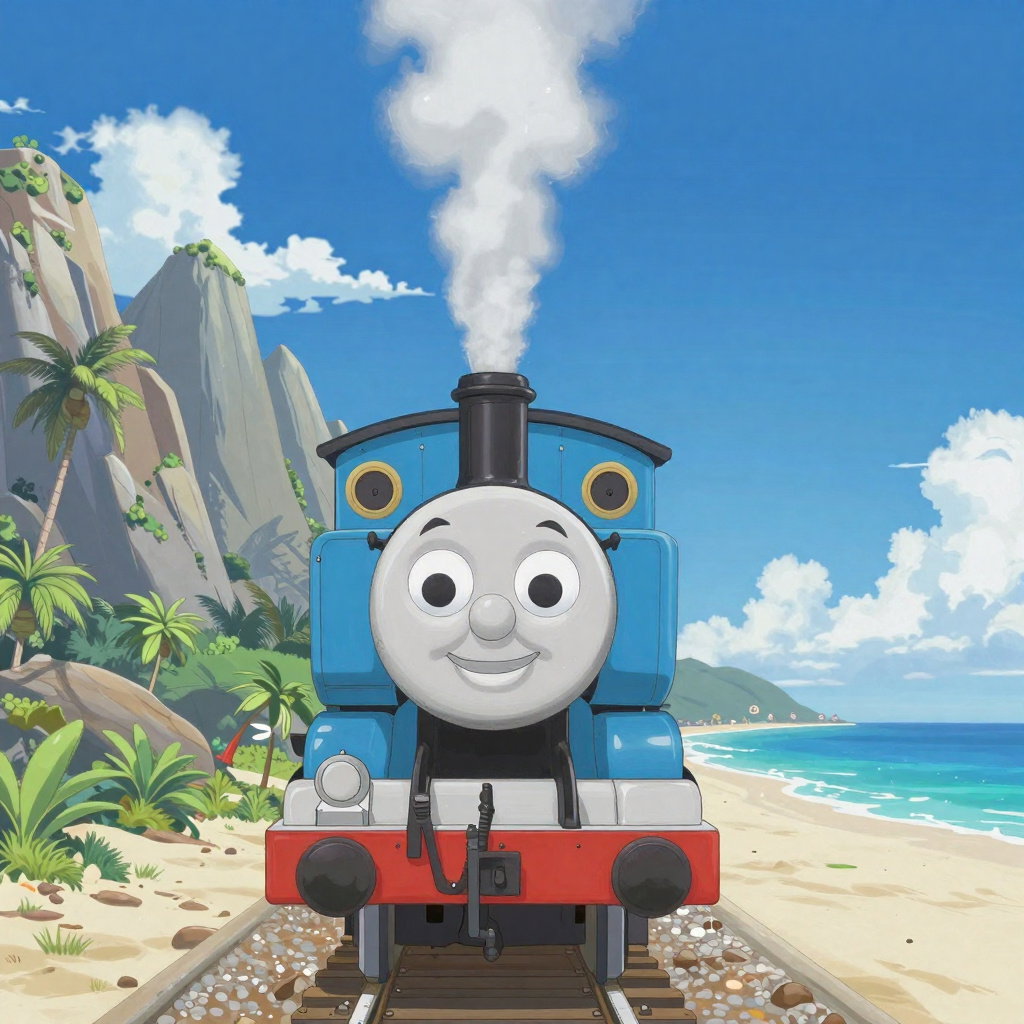 glossy steam locomotive thomas vibrant ocean tropical island