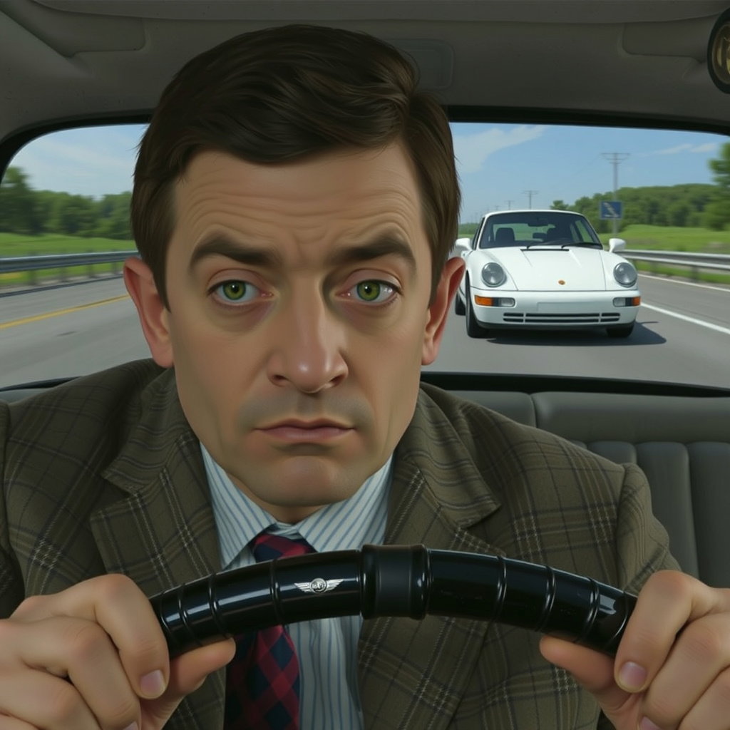 mr bean driving mini cooper pursued by porsche