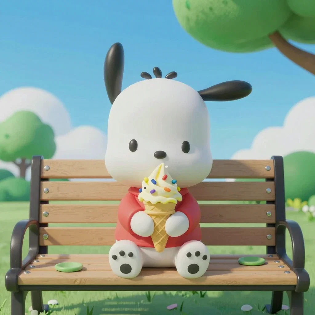 pochacco sitting eating banana ice cream