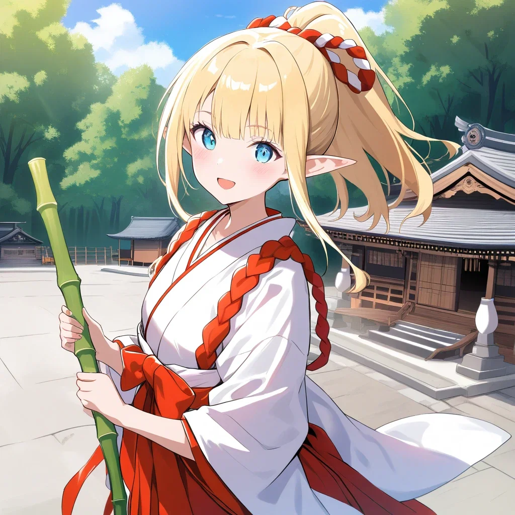cute blonde ponytail elf shrine maiden