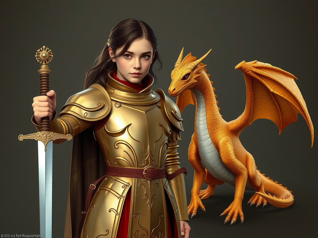 brown haired european girl golden armor dragon