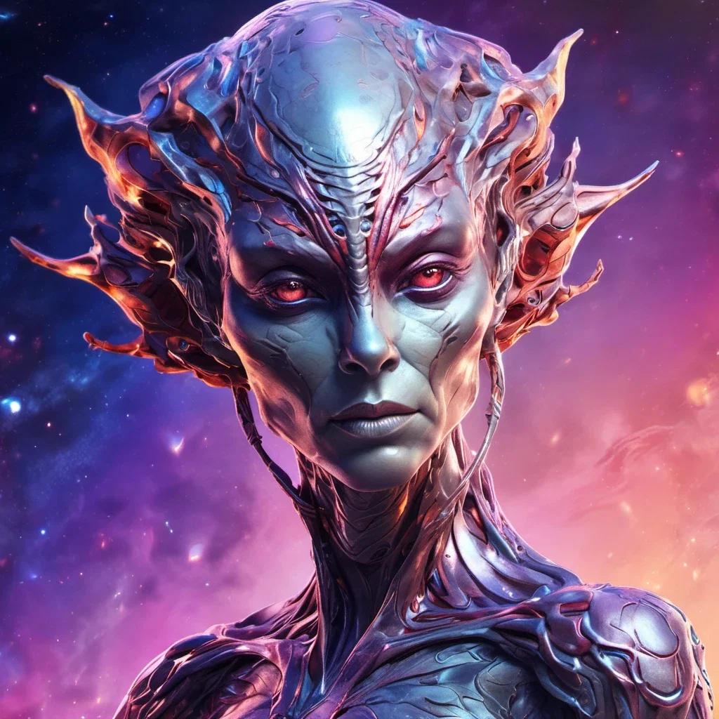 fantasy art alien female bust nebula background