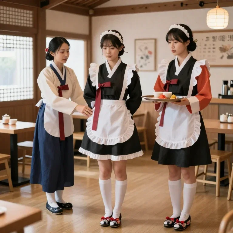 maid cafe hanbok miniskirt traditional floral shoes