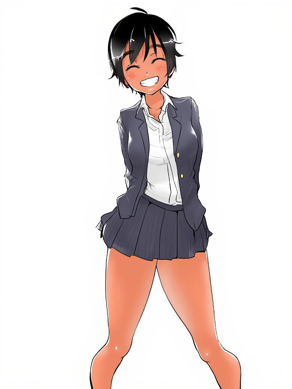 high school goy short hair blazer skirt smiling