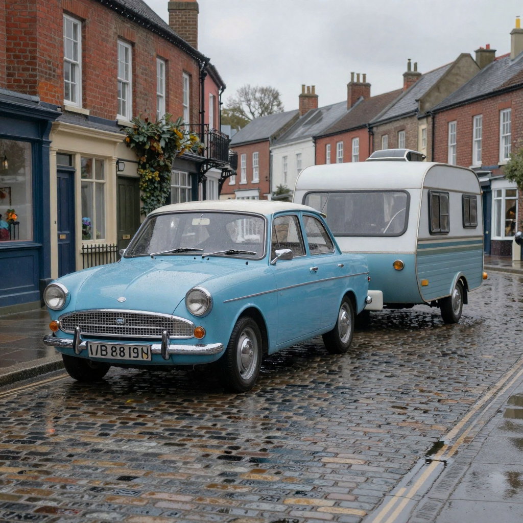light blue ford anglia towing vintage caravan