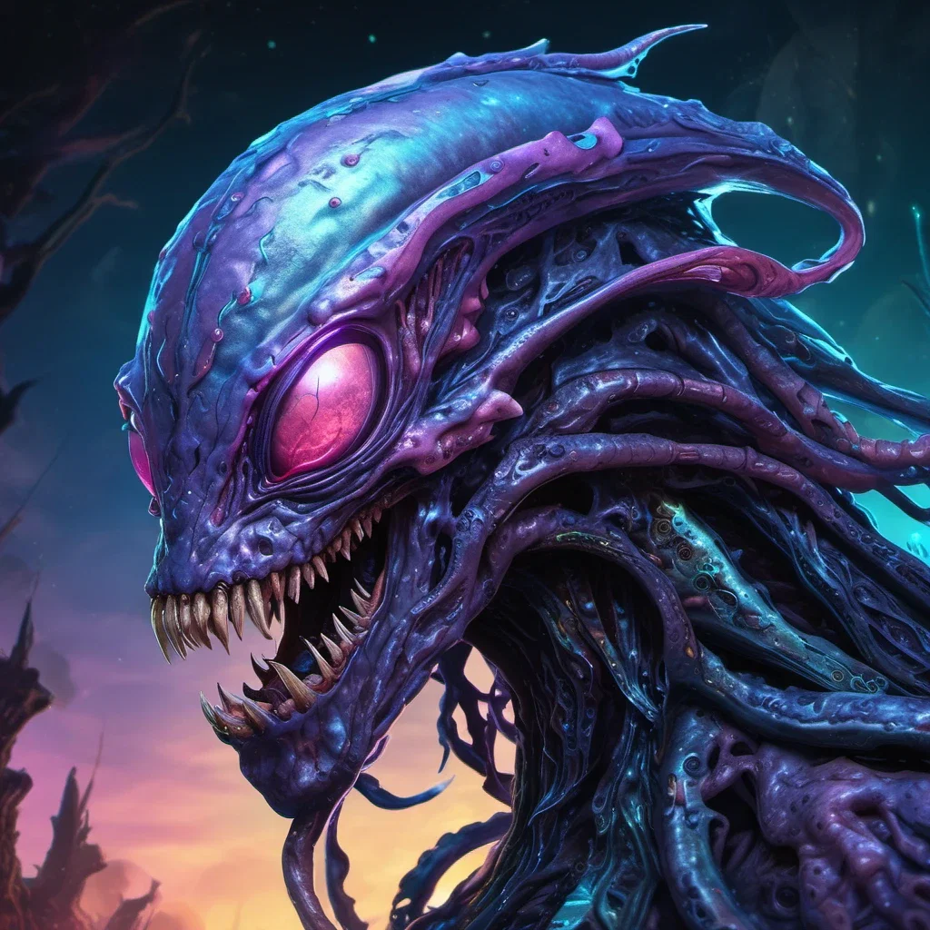 alien creature with iridescent skin and bioluminescent eyes