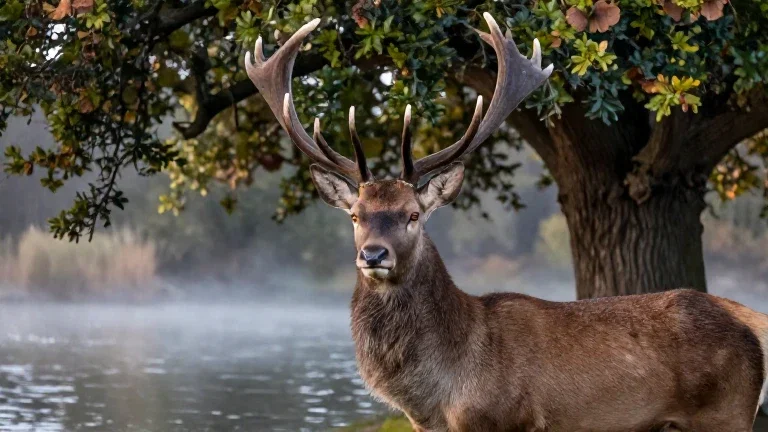 majestic stag ancient oak riverbank morning light