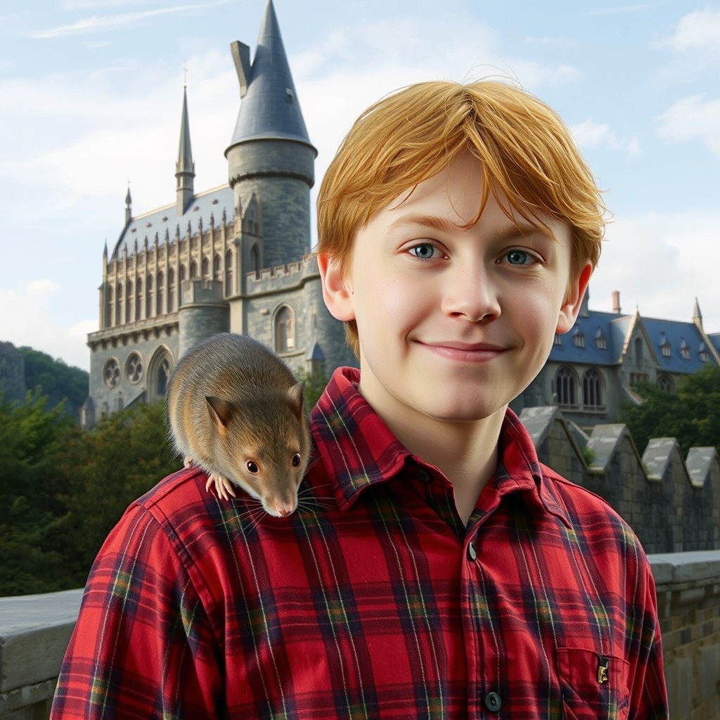 ron weasley scabbers hogwarts corridor photorealistic rendering