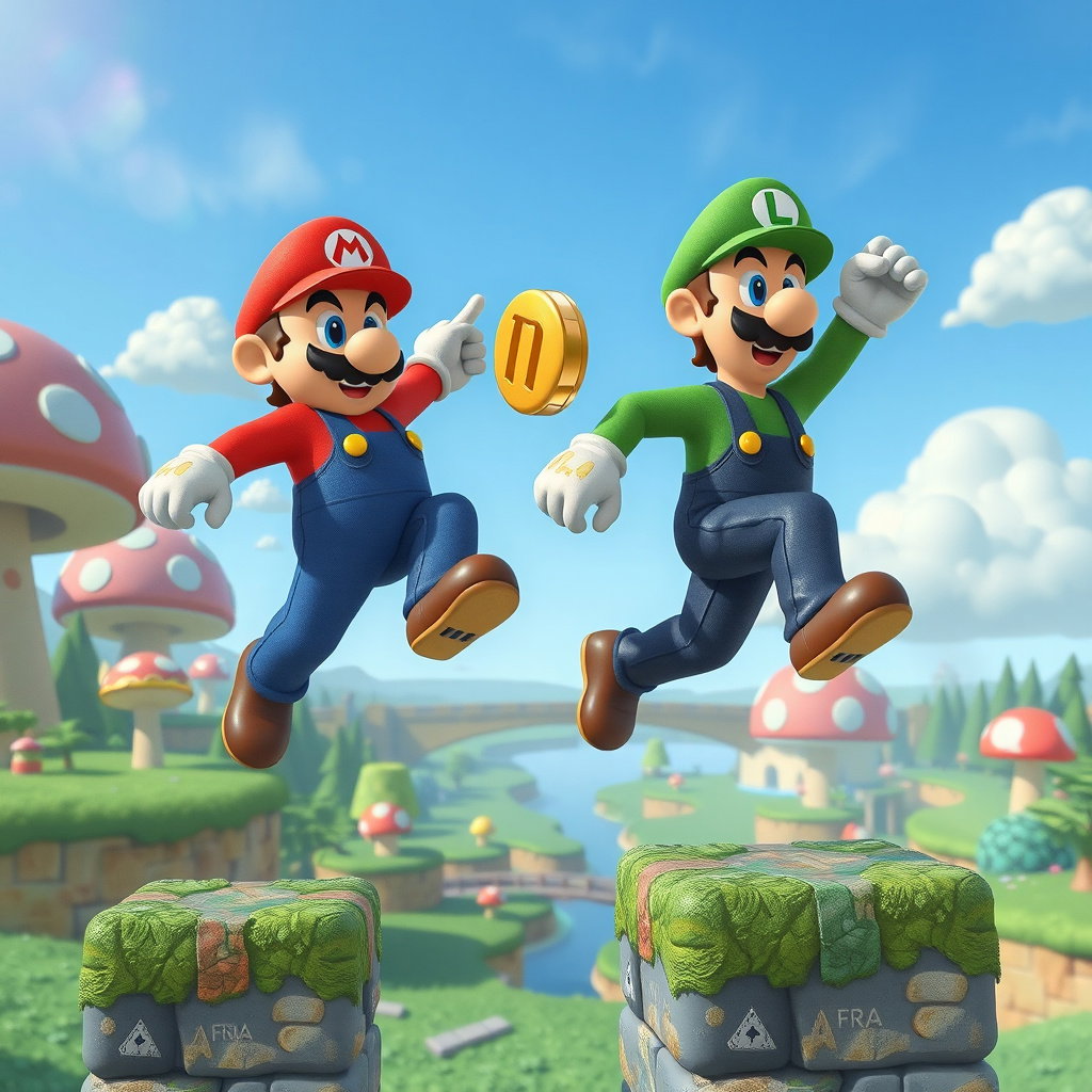 mario luigi dynamic poses mushroom kingdom retro