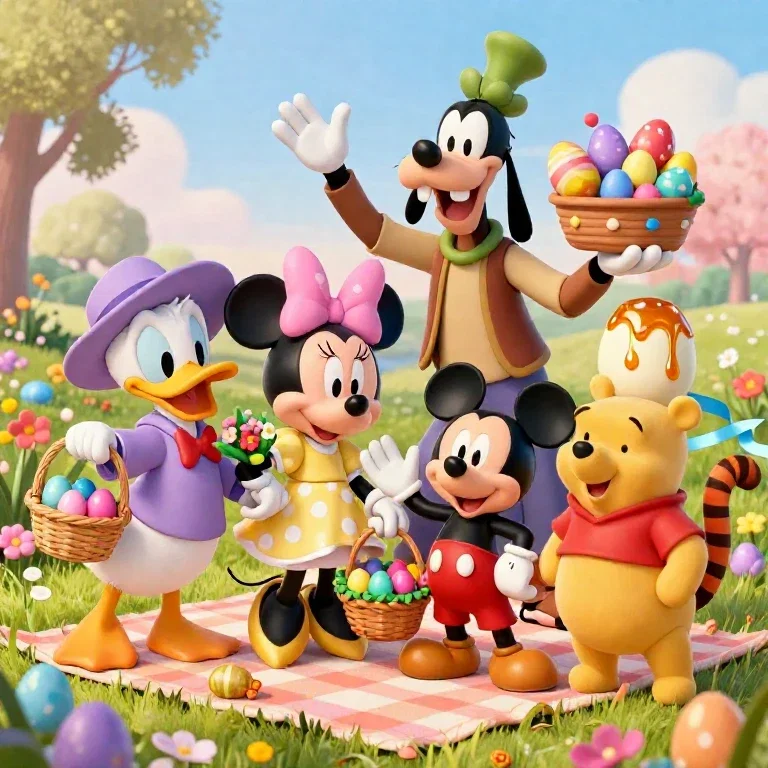 disney characters celebrate easter in meadow