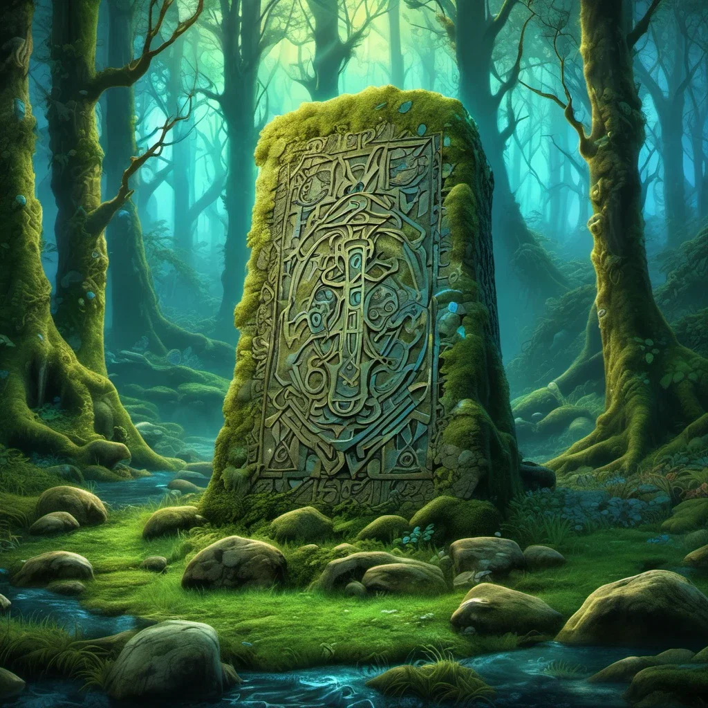 fantasy art moss covered runic stone