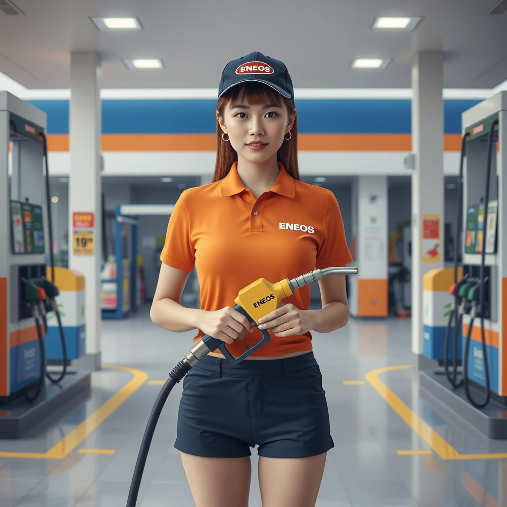 japanese gas station attendant hyperrealistic photo