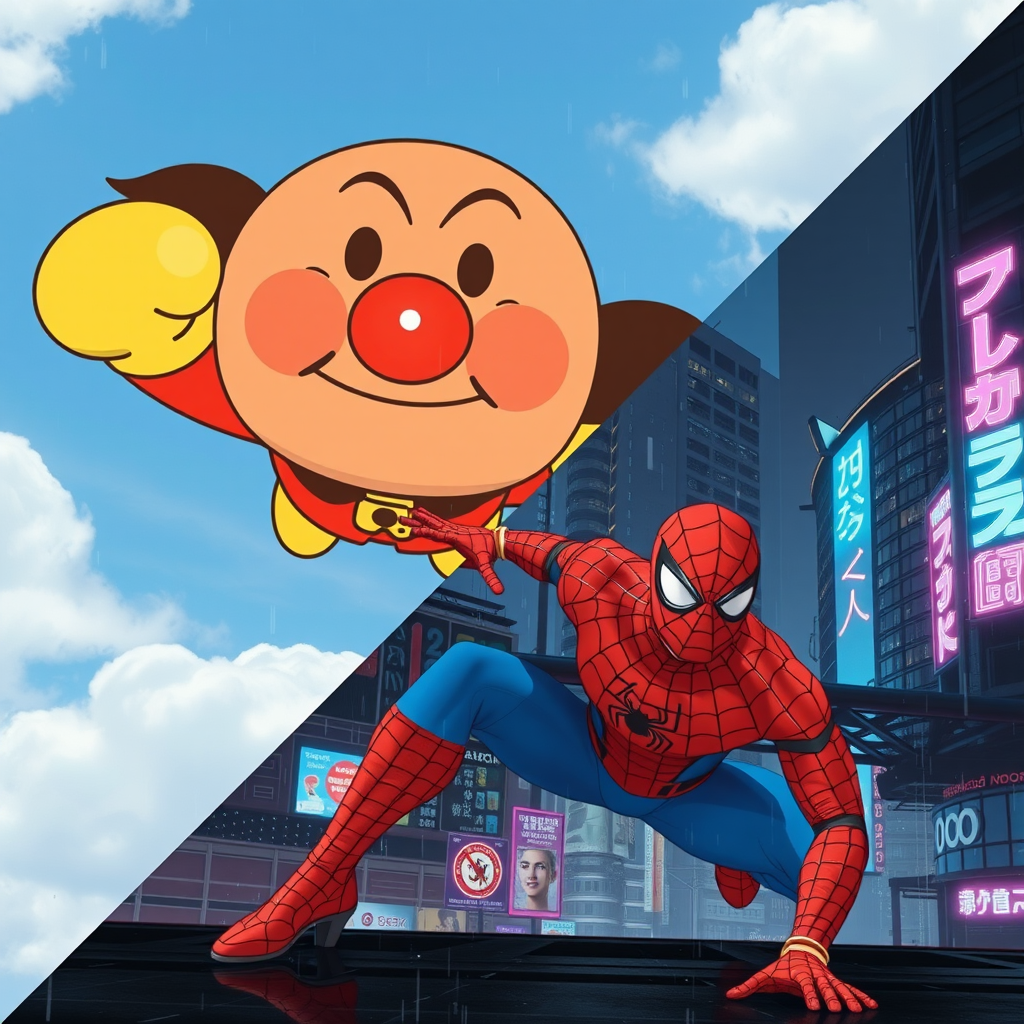 anpanman flying spider man perched cyberpunk skyscraper