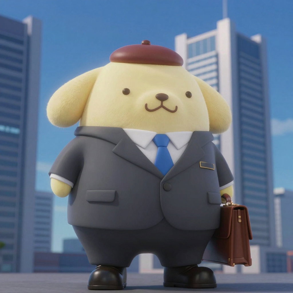 pompompurin in suit walking past skyscrapers