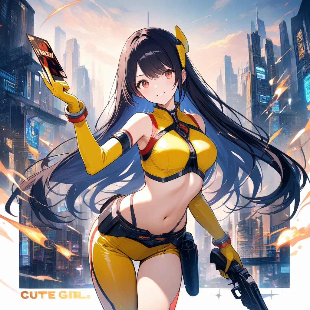 cute girl yellow battlesuit gun holster futuristic city