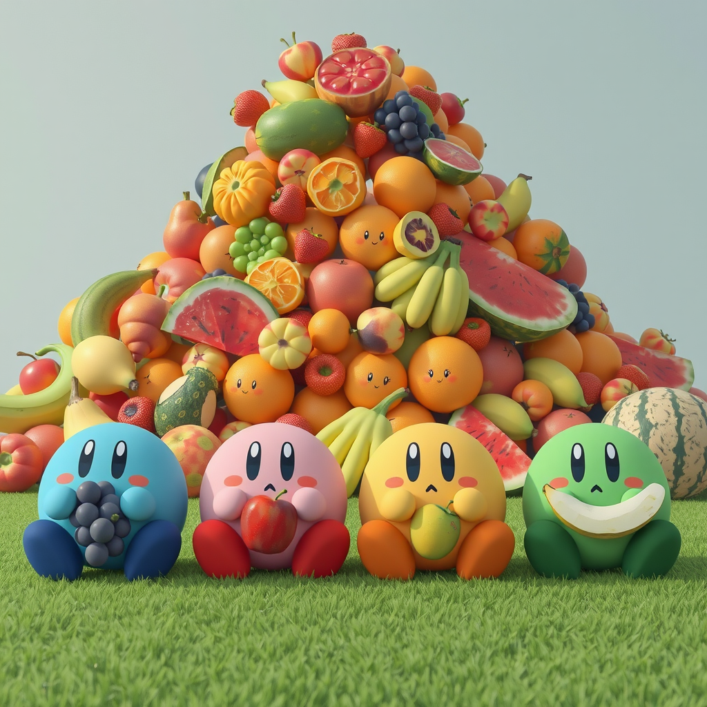 four kirby species eating fruits in meadow
