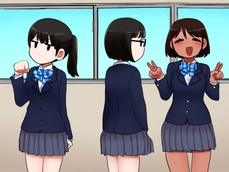 three anime high school girls in hallway