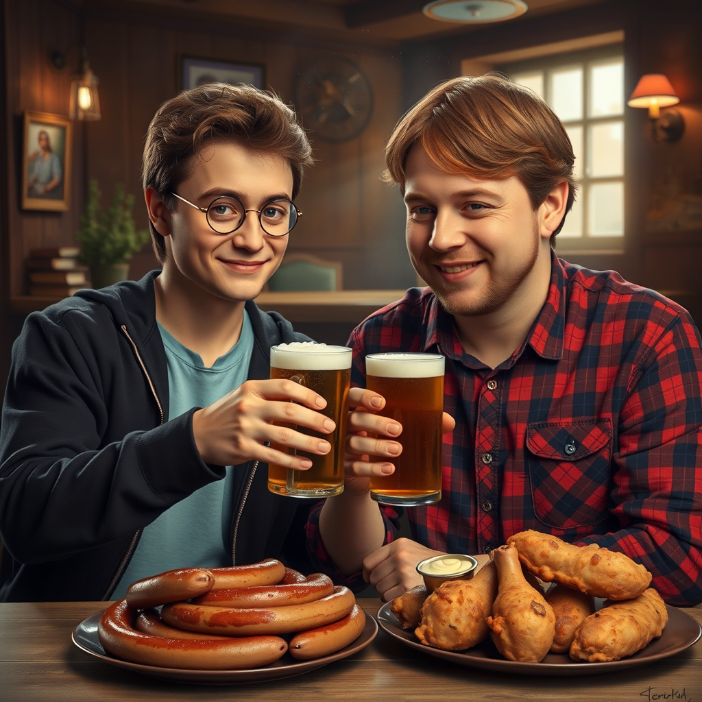 adult harry potter ron weasley toasting beer mugs
