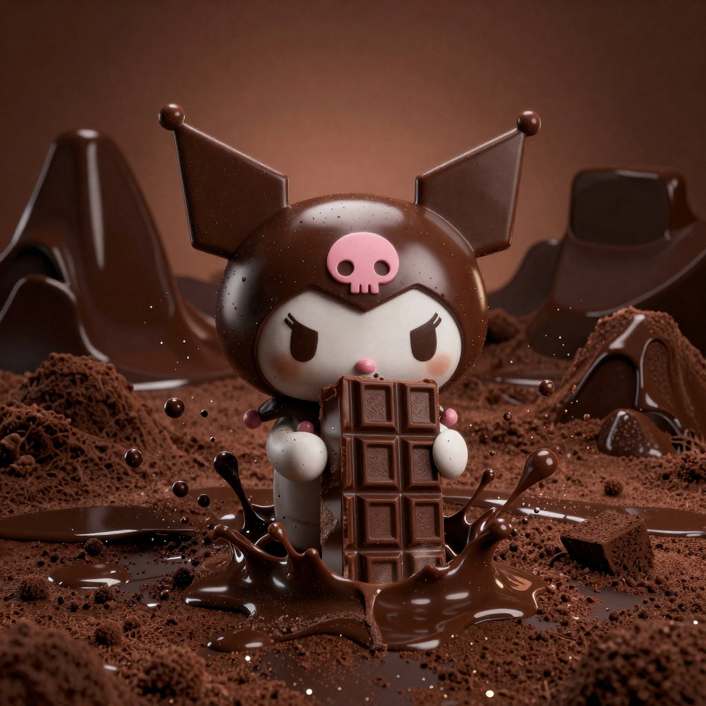 kuromi in chocolate landscape eating chocolate bar