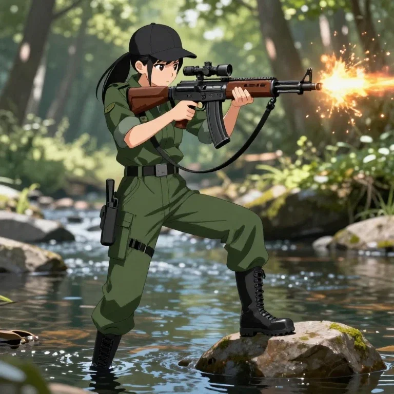 anime girl military outfit firing river