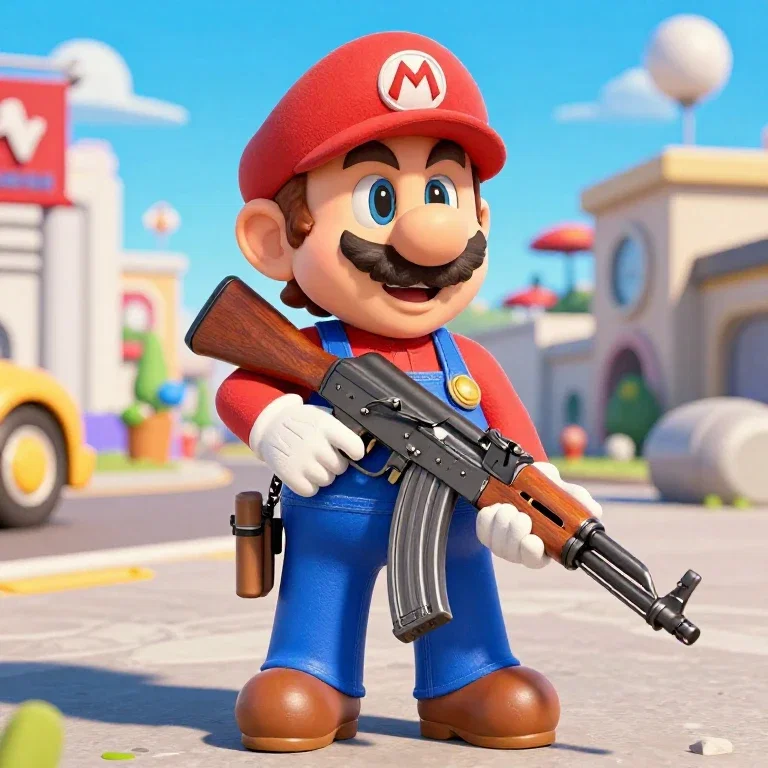 mario in war with ak 47