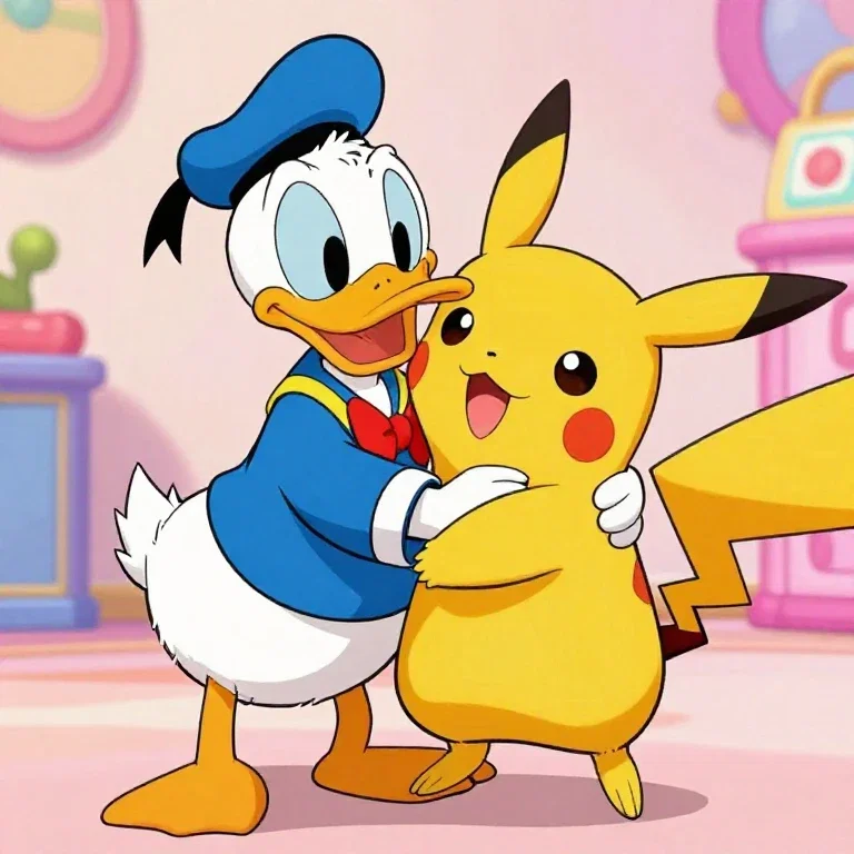 donald duck hugging pikachu