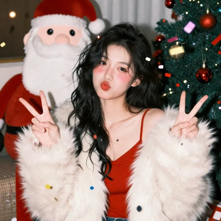 young woman christmas party peace signs
