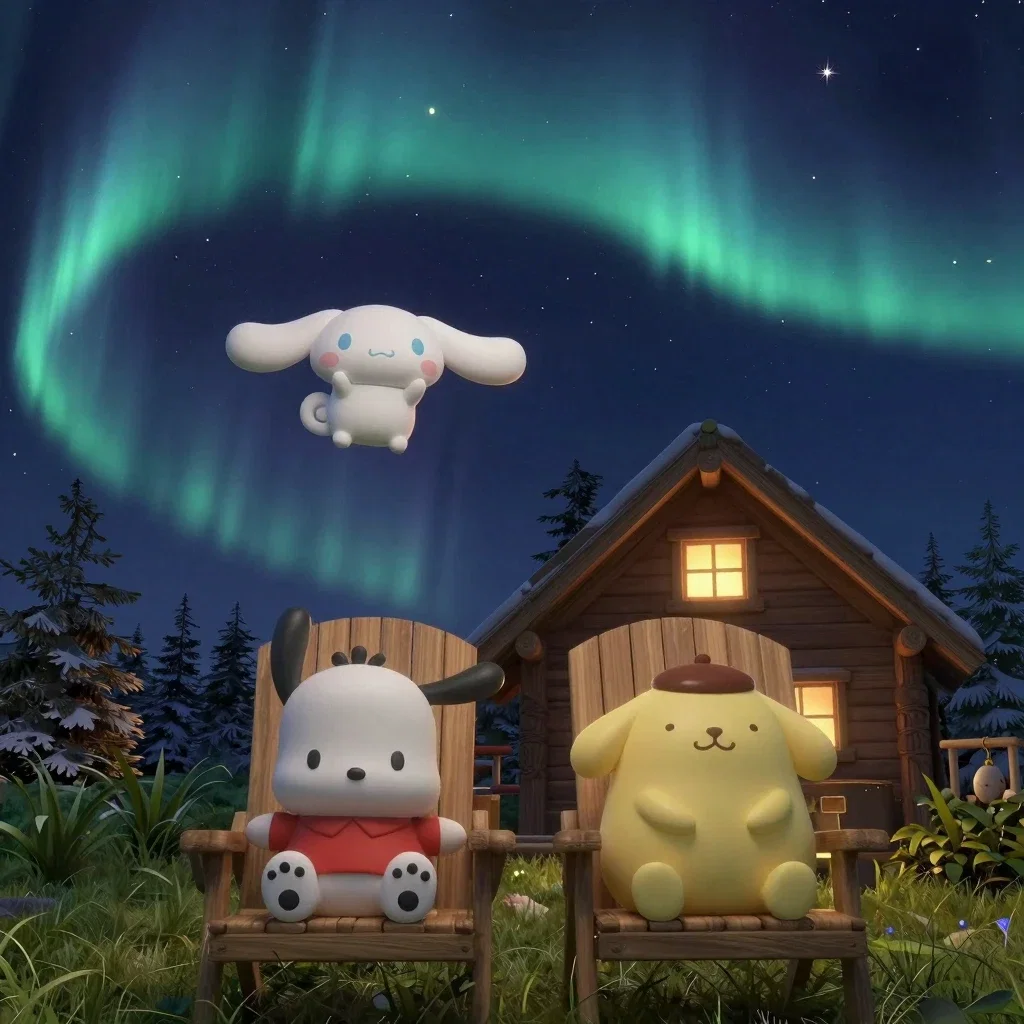 sanrio characters gaze at aurora