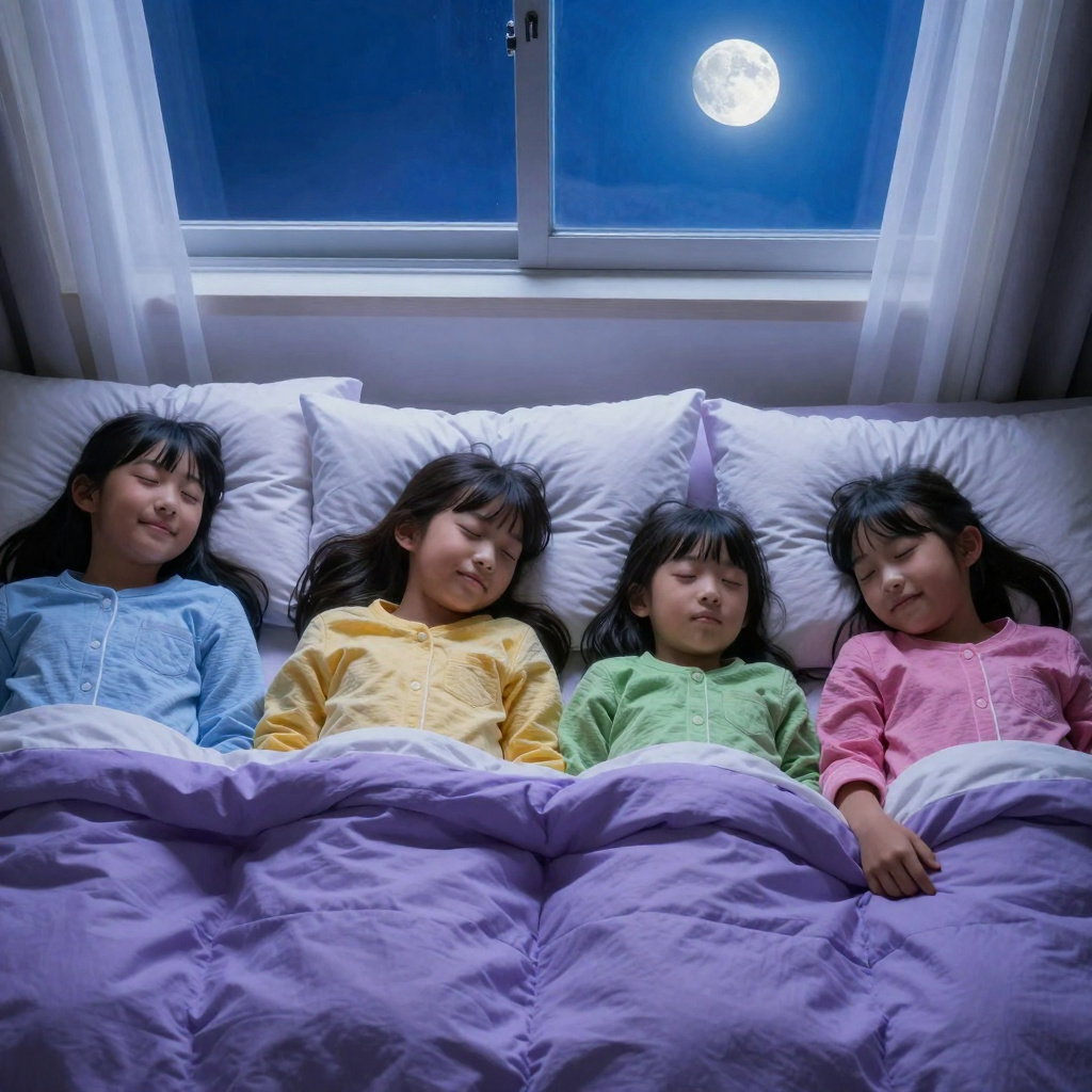 four japanese schoolgirls sleeping under comforter