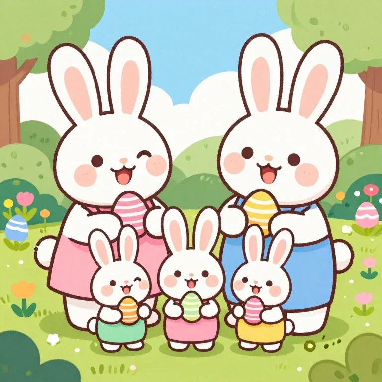 cartoon easter bunnies family spring garden