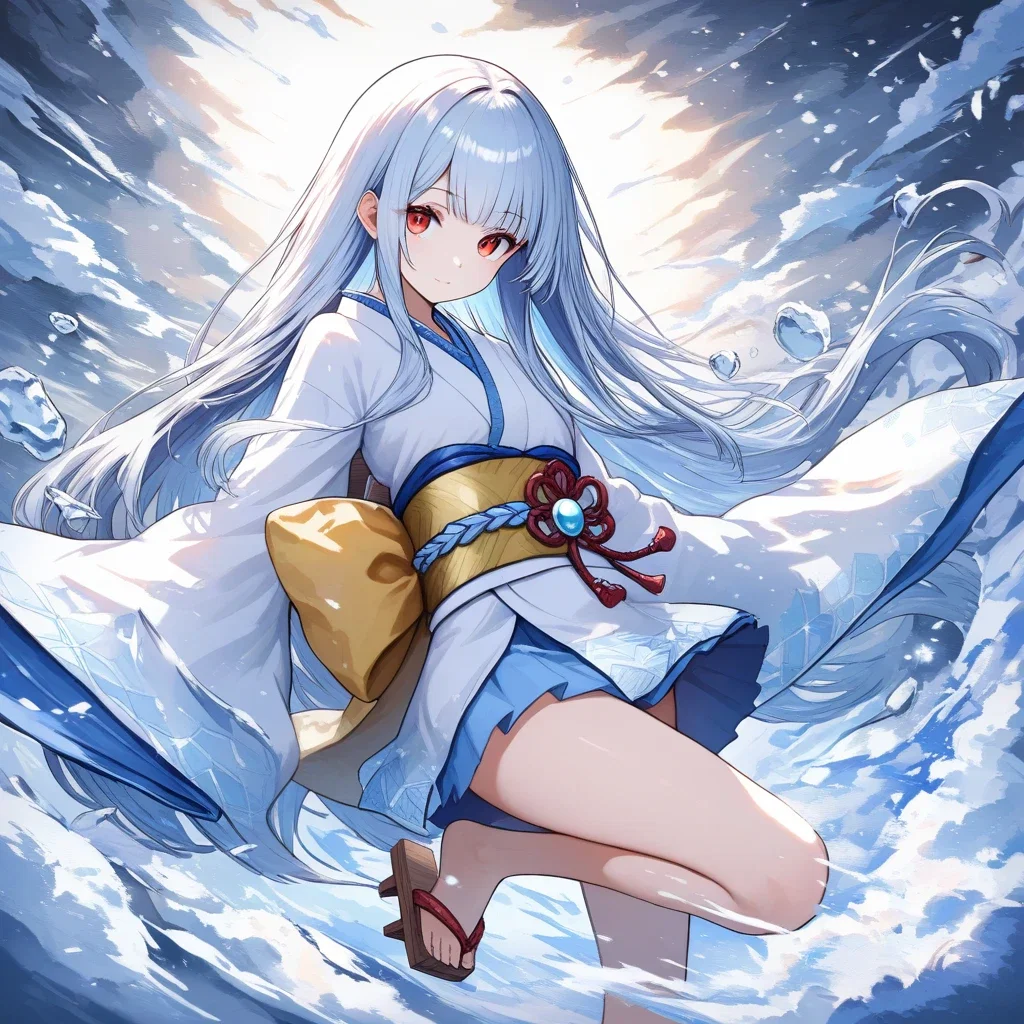 cute beautiful yuki onna white hair red eyes
