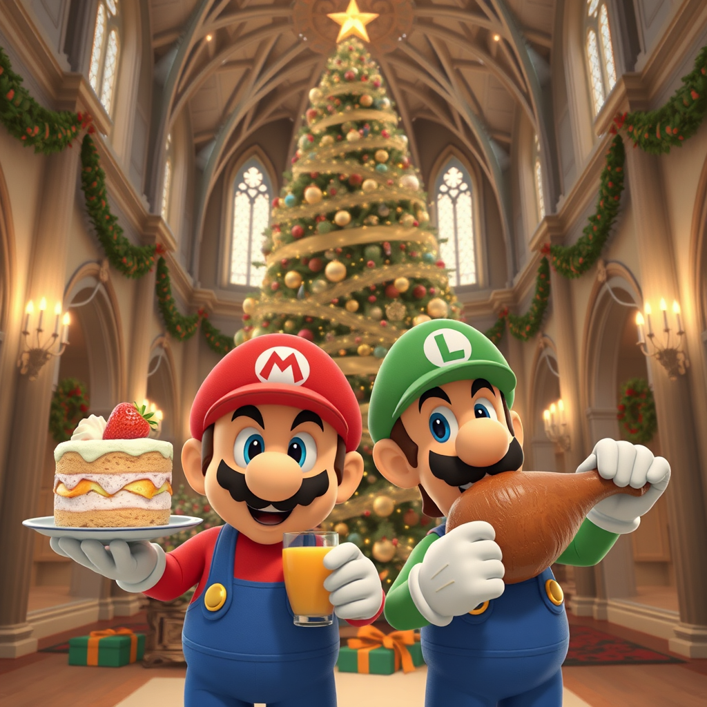 pixar style 3d render mario peach shortcake luigi turkey leg
