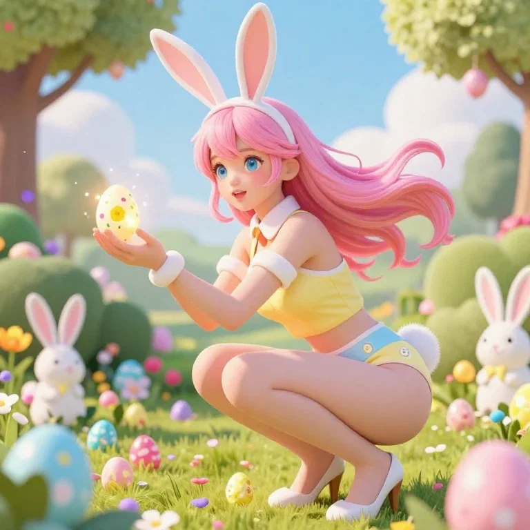 anime easter bunny girl pink hair magical garden